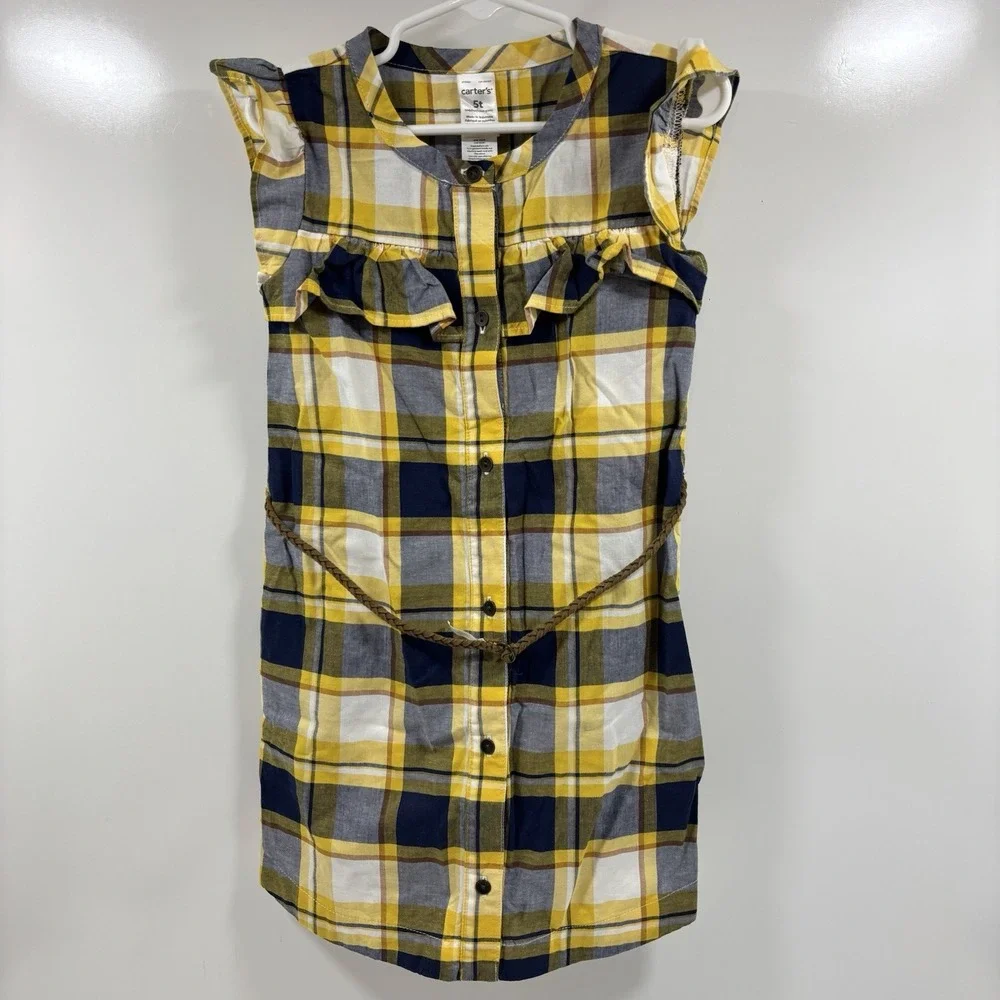 Carter's Plaid Belted Tunic Top Girls 5t Yellow Blue Ruffle Cowgirl Fall Buttons